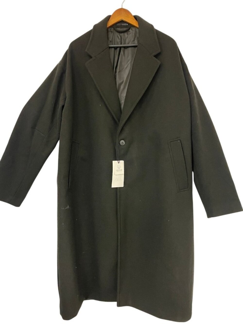 Zara Womens Overcoat Long Coat XL Olive Green Khaki Single Button 5320/800 NWT